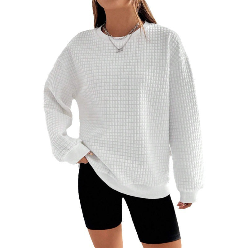 Women's Waffle Long Sleeve Loose-fitting Casual Round-neck Sweater