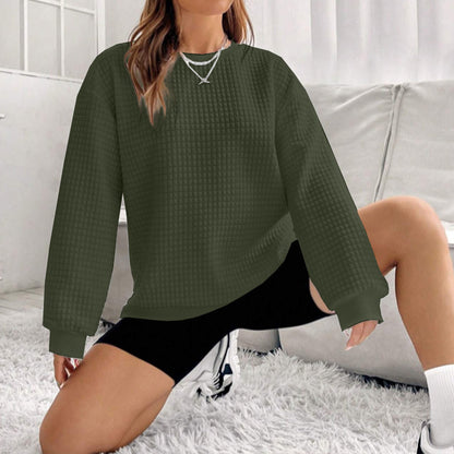 Women's Waffle Long Sleeve Loose-fitting Casual Round-neck Sweater